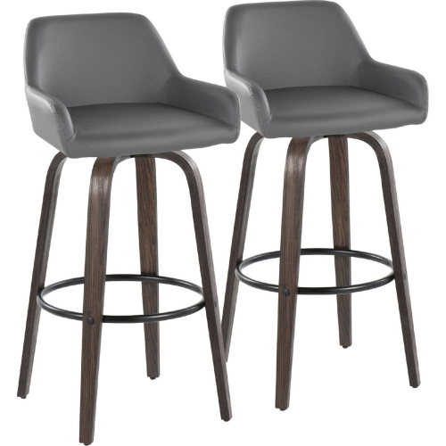 Daniella 30" Swivel Bar Stool Walnut Glazed Wood & Grey Leatherette with Black Footrest (Set of 2)